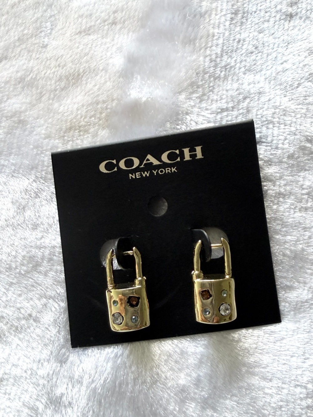COACH Signature Gem Multicolor Crystal Padlock Hoop Earrings in Gold Tone - Picture 2 of 7